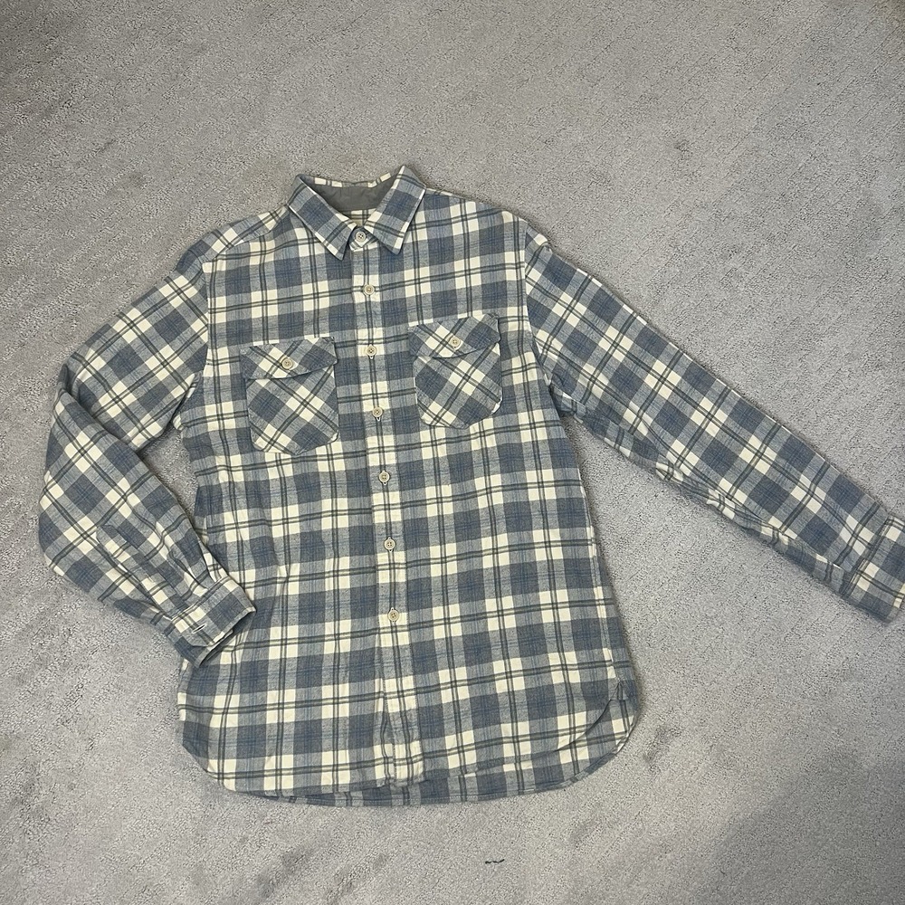 Eddie Bauer Mens Flannel Shirt M Blue Gold Plaid 100% Cotton Button Down Comfort